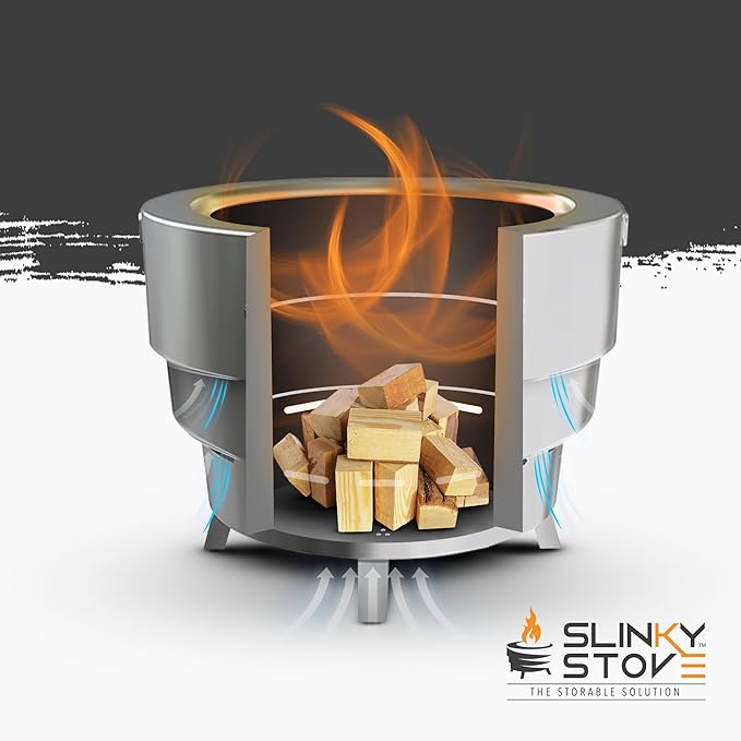 Slinky Stove Smokeless Fire Pit for Outdoor Wood-Burning - 17-Inch Patented Collapsible Firepit with Cooking Grill - Portable Stainless Steel Solo Pit for Camping, Backyard, Patio Bonfires