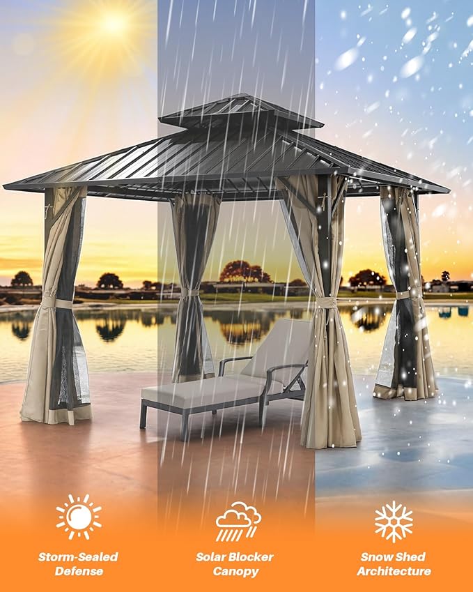 12' x 12' Hardtop Gazebo, Aluminum Frame Patio Hardtop Gazebos with Netting and Curtain, Outdoor Patio Pergola, Outdoor Patio Gazebo with Double Metal Roofs for Lawns, Garden, Deck, Sandstone
