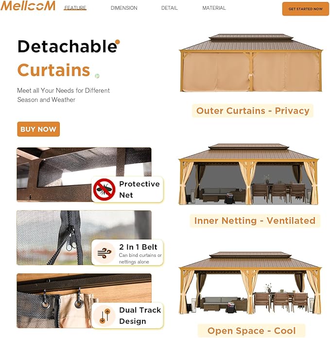MELLCOM 14' x 22' Gazebo, Hardtop Gazebo Wood-Looking with Galvanized Steel Double Roof, Aluminum Frame, Outdoor Permanent Metal Pavilion with Netting and Curtains for Deck, Backyard, Patio and Lawns