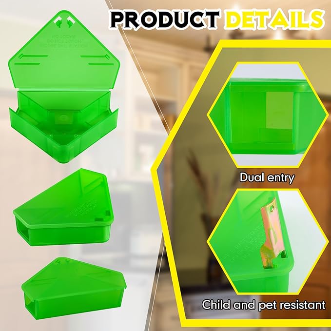 Qualirey 24 Pcs Mice Station with Key Triangle Bait Station Reusable Rodent Trap Bait Box, Keeps Children and Pets Safe Indoor & Outdoor, Bait Not Included, Suitable for Small Mice (Translucent Green)