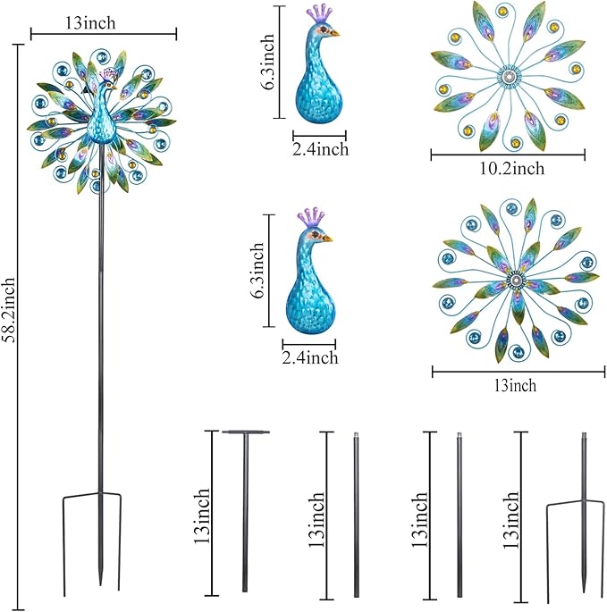 Stargarden 58 Inch Peacock Wind Spinner-Double Wind Sculpture Metal Windmill for Garden Patio Yard Decor