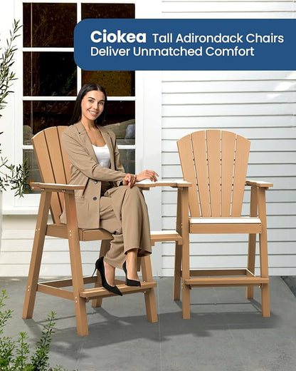 Ciokea Tall Adirondack Chairs Set of 2, HDPE Outdoor High Back Adirondack Chair with Double Connecting Tray, Weather Resistant Balcony Chairs for Deck, Lawn, Pool, Backyard, Teak