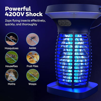 Solar Bug Zapper Outdoor, Mosquito Zapper Outdoor Waterproof Electric Fly Zapper Rechargeable Mosquito Killer with Solar Panel, 4200V Fly Trap Indoor for Home Backyard, Patio, Garden, Camping