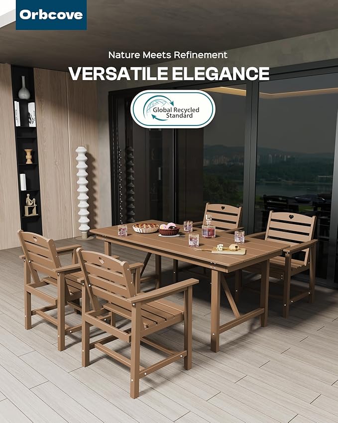 Patio Table and Chairs Set with Umbrella Hole, HDPE Patio Dining Set for 4, Outdoor Dining Set for Lawn, Patio, Porch, Deck, Poolside, Yard (Teak, 5-Piece)