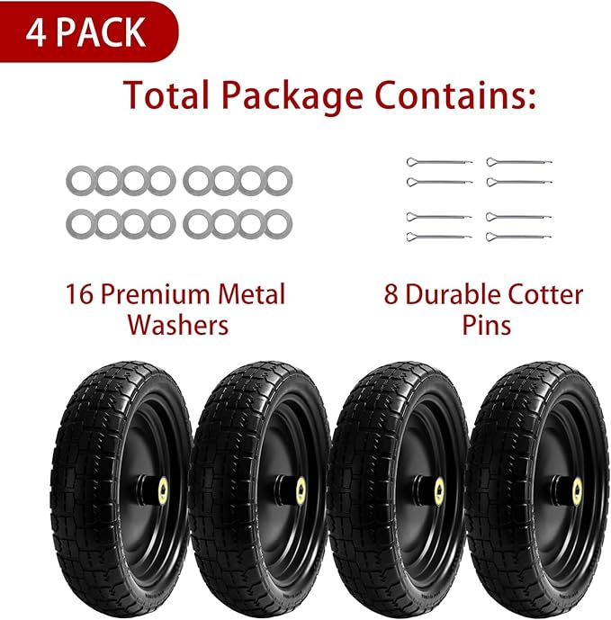 13" Flat-Free Tires and Wheels Replacement Gorilla Cart, 4.00-6 Flat-free Solid Tires for Garden Carts, Wheelbarrows & Yard Trailers - with 5/8" Bearings, 2.1" Hub Offset(4-Pack)
