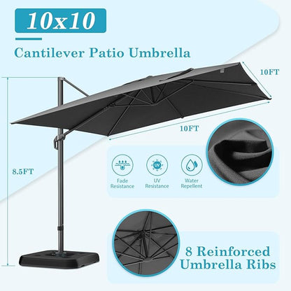 Hotime 10x10ft Large Cantilever Patio Umbrellas - Upgrade and Intensify - with 360 Rotation and 5 Angles Adjustment - Aluminum Offset Pool Umbrella Square Outdoor Umbrella for Patio Garden