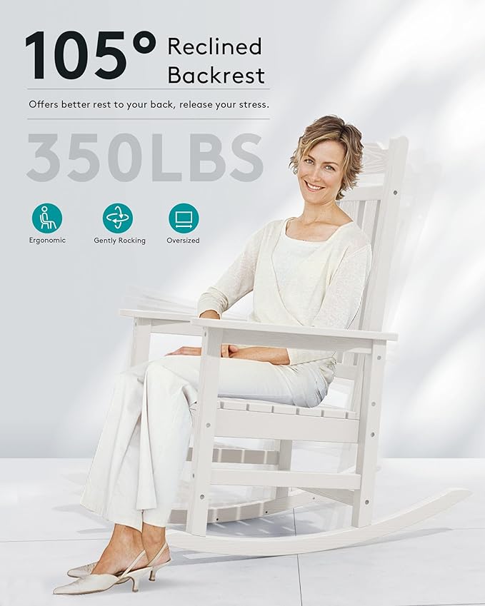 SERWALL Outdoor Rocking Chair White Set of 4, All Weather Patio Rocking Chair, HDPE Poly Rocking Chair for Adults, Heavy Duty Front Porch Rocker
