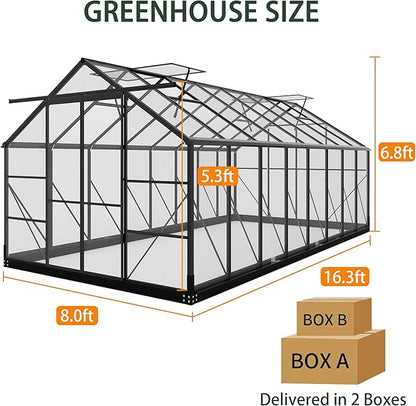 Greenhouses for Outdoors, 8x16 FT Polycarbonate Greenhouses with 4 Adjustable Roof Vents, Walk-in Aluminum Frame Green Houses for Outside with Sliding Doors Windproof, Garden