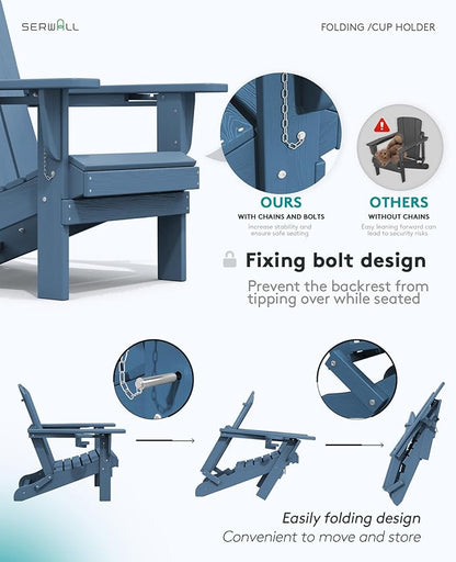 SERWALL Folding Adirondack Chair, HDPE Adirondack Chairs Set of 8, Plastic Outdoor Chairs- Looks Exactly Like Real Wood- Navy