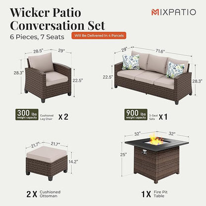 Patio Furniture Set, 6 Pcs Wicker Rattan Outdoor Conversation Set, 2 x Leg Chairs, 1 x 3 Seater Sofa and 2 x Ottoman with 4" Thick Cushion and 32" Fire Pit Table, Beige