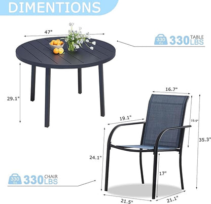 7 Pieces Round Dining Table Set for 6, Patio Dining Set Includes 6 Dark Blue Stackable Patio Chairs and 1 Black Round Table Set of 6, Patio Furniture Sets with Sling Support for Outside, Garden