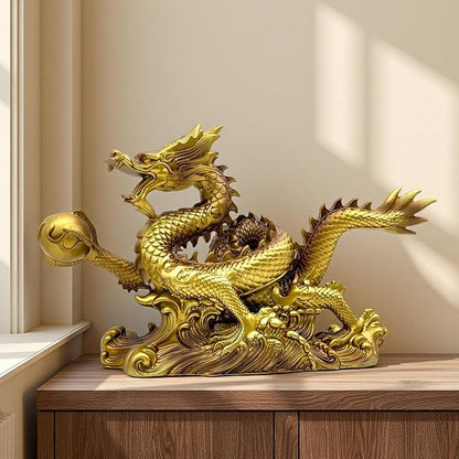 FUNSXBUG 13.6 INCH Chinese Feng Shui Dragon Statue Sculpture Resin Figurines FengShui Decor Home Office Desktop Tabletop Ornaments Decoration Good Lucky Gifts Gold