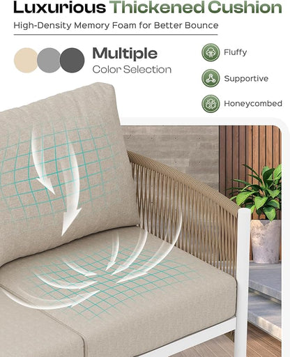 Aluminum Outdoor Patio Furniture Set, HDPE Rope 4 Piece Modern Sectional Conversation Sets with Dual-Layer Coffee Table, All Weather Patio Couch Set with Thick Cushions, White Frame, Ivory