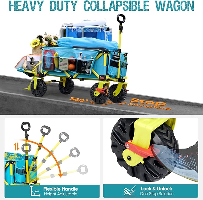Old Bahama Bay 550lbs Extra Long 49" L Beach Wagon with Big Wheels with Brake for Sand, Collapsible Utility Beach Cart Heavy Duty Folding Wagon,Ideal for Outdoor Sand Camping Garden Pet