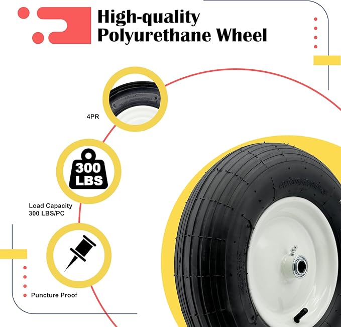 2-Pack 4.80-8 Wheelbarrow Tire with Rim 3"-6''Centered Hub, 3/4" or 5/8''or 1/2'' Bearings, 16‘’ Tire Assembly for Hand Truck,Garden Cart (4.80/4.00-8 Tube Type,3" Center Hub,RibbedTread)