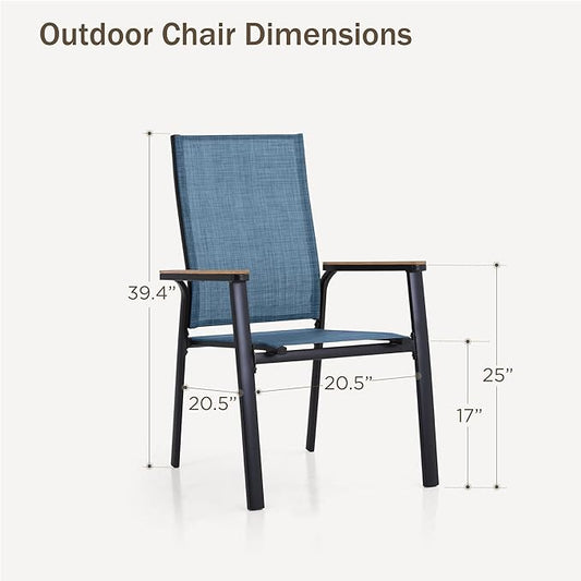PHI VILLA Outdoor Stackable Chairs, Patio Chairs Set of 6, Light Weight Aluminum Frame with Textilene Fabric & Wood Armrest, High Back Deck Chairs for Poolside Lawn Garden, Blue
