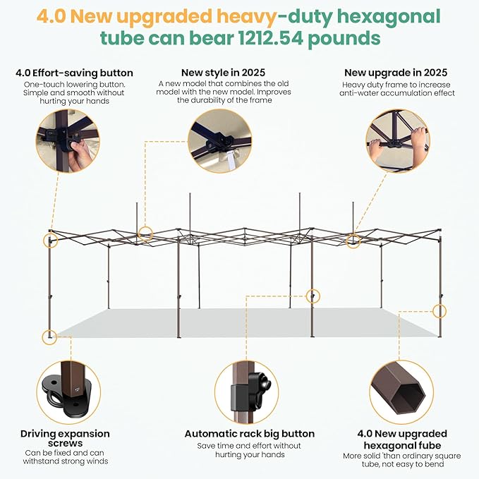 COBIZI 10x30 Heavy Duty Pop Up Canopy with 8 Sidewalls and Hexagonal Legs, Easy up Tent for Parties, Wedding and Commercial, Outdoor Canopy with Carry Bag, Sand Bags, Waterproof & UPF50+ (Khaki)