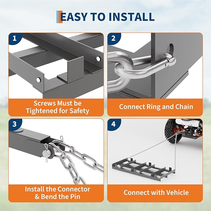 6FT Drag Harrow for ATV, Tractor & UTV, Heavy Duty Tow Behind Driveway Grader with 6FT Chain Link - Landscape Rake for Gravel, Sand, Soil & Hay - Lawn Leveling Tool for Field Yard & Pasture