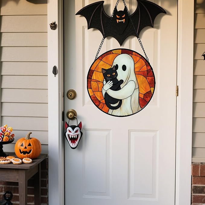 Stained Glass Window Hanging - Halloween Decorations White Ghost Black Cat Suncatcher for Doors Garden Spooky Funny Orange Sun Catchers Gothic Decor Horror Gifts for Women Men Friend 11.8 in