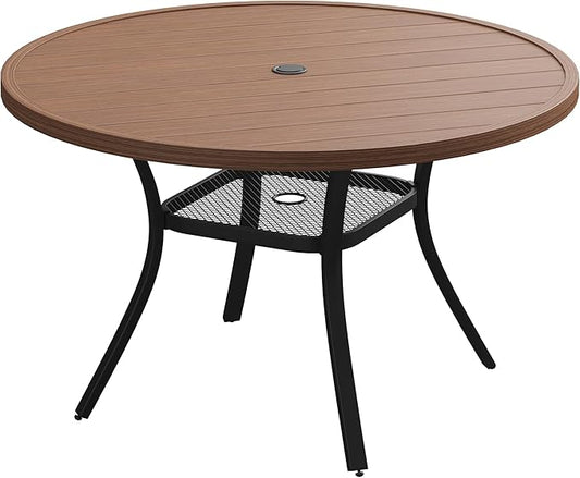 VICLLAX Patio Round Dining Table, 47"x 47" Outdoor Metal Slatted Round Tabletop with Adjustable Umbrella Hole for Lawn Garden Yard, Walnut
