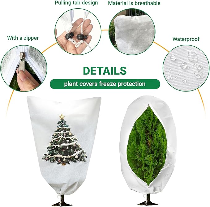 2-Pack Plant Covers Freeze Protection, 31" W x 47" L Thick Frost Cloth with Christmas Element, Tree Wrap for Winter with Zipper Drawstring Protect Your Plants