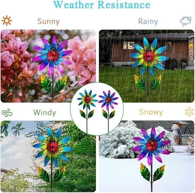 2 Pack Wind Spinner Outdoor,Waterproof Metal Windmill with Ladybug,Pinwheels for Yard and Garden, Flower Wind Sculpture & Spinner for Patio Lawn Decor