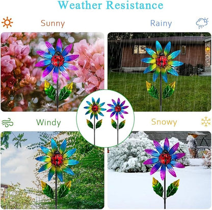 2 Pack Wind Spinner Outdoor,Waterproof Metal Windmill with Ladybug,Pinwheels for Yard and Garden, Flower Wind Sculpture & Spinner for Patio Lawn Decor