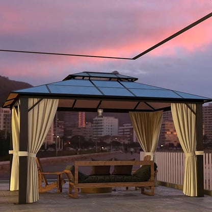 Hardtop Gazebo, 10FTx12FT Polycarbonate Double Top Canopy, Aluminum Frame Permanent Pavilion with Curtains and Netting, for Lawns, Patios, Gardens