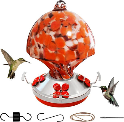 Hand Blown Glass Hummingbird Feeder with Ant Moat 25.4 OZ Large Capacity Hanging Bird Feeder for Backyard Garden Outdoors Decorations Hook Brush Rope Included (Red)