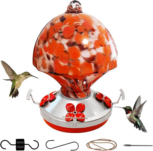 Hand Blown Glass Hummingbird Feeder with Ant Moat 25.4 OZ Large Capacity Hanging Bird Feeder for Backyard Garden Outdoors Decorations Hook Brush Rope Included (Red)