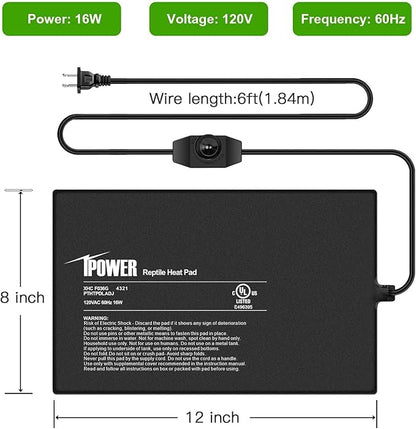 iPower 8x12 Inch Reptile Heating Pad with Adjustable Controller Knob, Under Tank Heater Mat for Turtles, Lizards, Snakes, Amphibians & Small Pets, 2 Pack