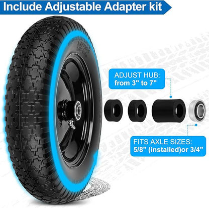 4.80/4.00-8" Flat Free Wheelbarrow Tire and Wheel, 14.5" Universal Fit Solid Tire with 5/8" or 3/4" Bearing, 3"-7" Hub, Adapter Kit Hand Truck Wheel Replacement for 3.50/2.50-8", 4.00-6"nhs etc