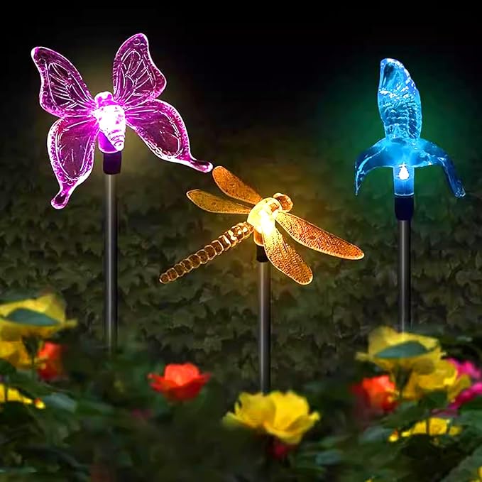 Outdoor Solar Powered LED Garden Light Landscape Lighting Waterproof Multicolor Color Changing Stake Light for Patio Yard Pathway Flowerbed Lawn Christmas Decorations Butterfly Dragonfly Hummingbird