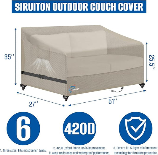 SIRUITON 2-Seat Garden Patio Sofa/Loveseat/Bench Cover 51" W x 27" D x 35" H,Heavy Duty 420D Oxford Waterproof Outdoor Sofa Cover, Lawn Patio Furniture Covers