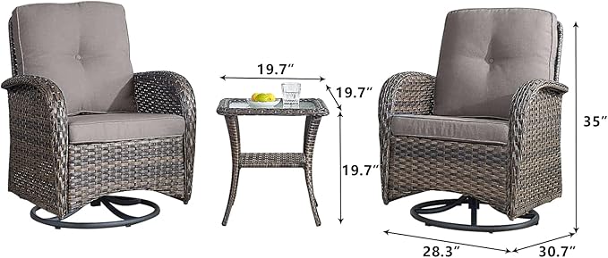 HUMMUH Outdoor Swivel Chairs,3 Pieces Patio Furniture Set with 360 Degree Wicker Swivel Rocking Chairs and Side Table for Garden,Porch,Backyard (Brown/Grey)