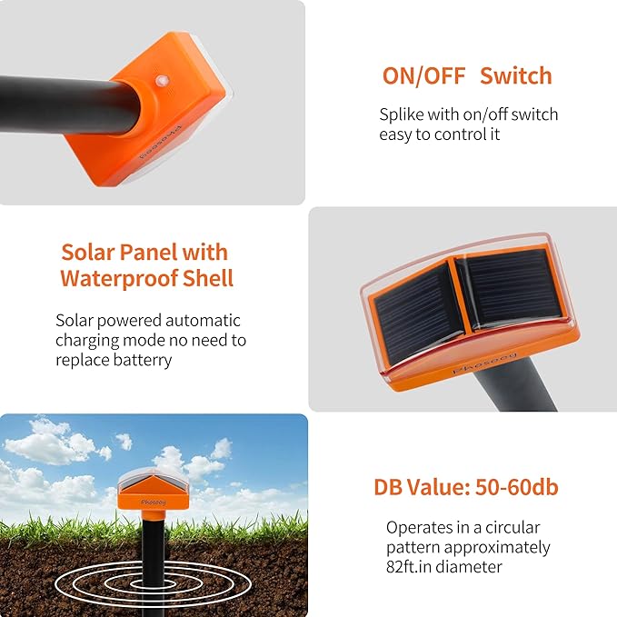 Solar Mole Repellent, 4 Pack Gopher Sonic Spikes, Waterproof Rodent Deterrent Devices to Get Rid of Moles in Your Yard Garden Lawn Home Outdoor
