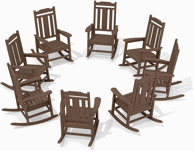 SERWALL Outdoor Rocking Chair Set of 8, Patio Rocking Chairs Set, HDPE Rocking Chair Outdoor for Adults, Heavy Duty Front Porch Rocker, Coffee
