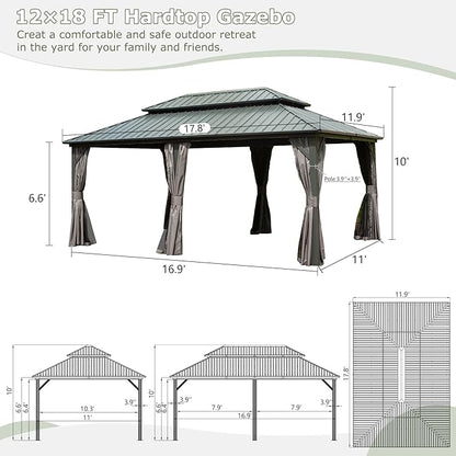 Domi 12' x 18' Hardtop Gazebo Metal Gazebo with Galvanized Steel Double Roof Canopy, Curtains and Netting for Party, Wedding, Outdoor Dining, Patio, Backyard, Grey