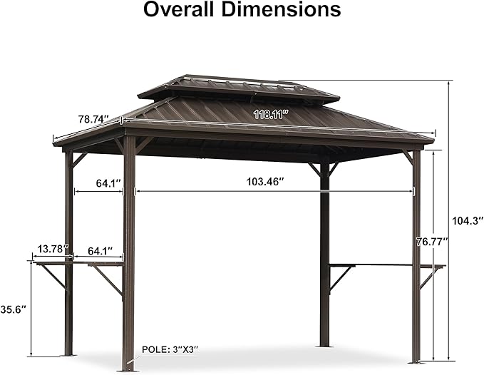 PURPLE LEAF 6.5' X 10' Hardtop Grill Gazebo for Patio Permanent Metal Roof with 2 Side Shelves Deck Yard Tent Aluminum Garden Outside Sun Shade Outdoor BBQ Canopy