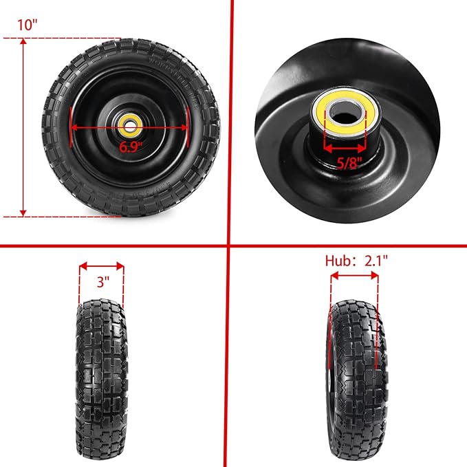 Fit Gorilla Carts Wheels 10" No Flat Replacement Wheel, 4.10/3.50-4 Flat Free Solid Tire Compatible with Gorilla Cart,Hand Truck,Garden Cart-5/8 Axle Bore Hole 2.1" Hub (2 Pack)