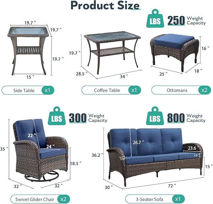 7 Piece Patio Furniture Set - Wicker Patio Conversation Set with Swivel Glider, 3 Seat Sofa, 2 Ottomans, Glass Side Table and Coffee Table for Deck Backyard - Brown Wicker Blue Cushion