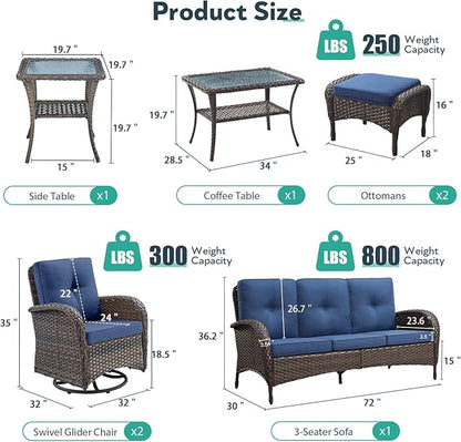 7 Piece Patio Furniture Set - Wicker Patio Conversation Set with Swivel Glider, 3 Seat Sofa, 2 Ottomans, Glass Side Table and Coffee Table for Deck Backyard - Brown Wicker Blue Cushion