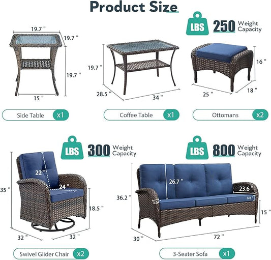 7 Piece Patio Furniture Set - Wicker Patio Conversation Set with Swivel Glider, 3 Seat Sofa, 2 Ottomans, Glass Side Table and Coffee Table for Deck Backyard - Brown Wicker Blue Cushion