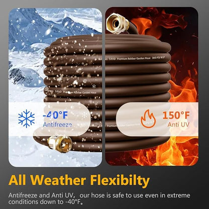 Garden Hose 25FT x 3/4", Heavy Duty Rubber Hose, Water Hose with Five Layered Braiding, Male to Female Fittings, 1000PSI Burst, 300PSI Working (Brown)