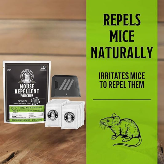 Grandpa Gus's Extra-Strength Mouse Repellent with Bonus Pouch Holder, Cinnamon/Peppermint Oils Repel Mice from Nesting & Freshen Air in Car/RV/Boat/Garage/Shed/Cabin, 1.75 Oz (10 Pouches)