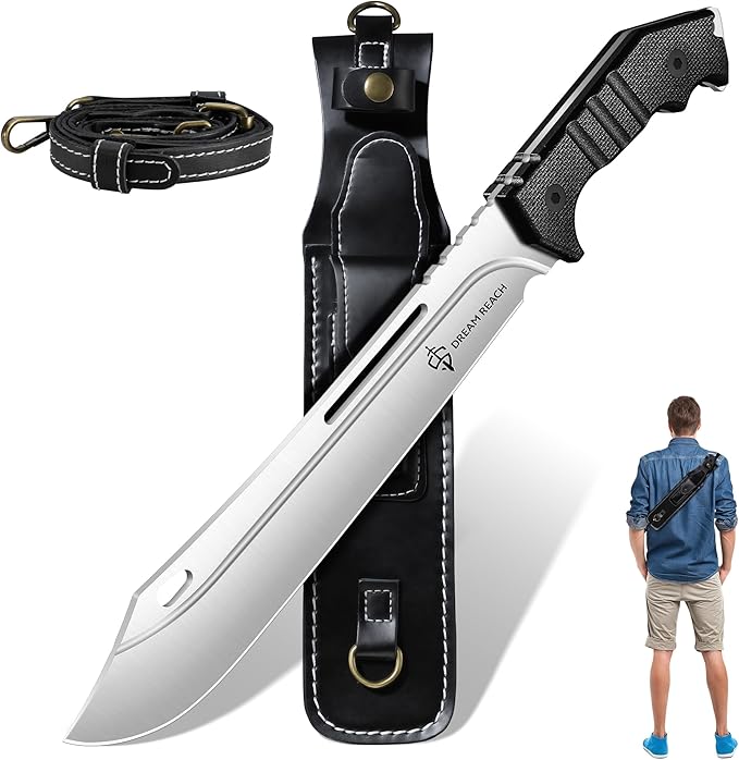 Dream Reach Heavy Duty Machete - Portable Full Tang Outdoor Knife with Sheath Strap for Camping Hiking Gift for Men 9.6 Inches