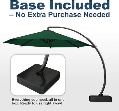 11FT Cantilever Umbrella with Base Large Curvy Outdoor Aluminum Offset Umbrella w/ 360° Rotation, UV Resistant Canopy for Patio, Garden, Backyard, Forest Green