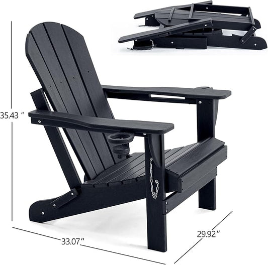 Folding Adirondack Chair, HDPE Outdoor Texture Lawn Chair with Reclining Back, Cup and Phone Holder - Comfortable Firepit Chair Weather Resistant for Patio or Backyard (Dark Black, Set of 1)
