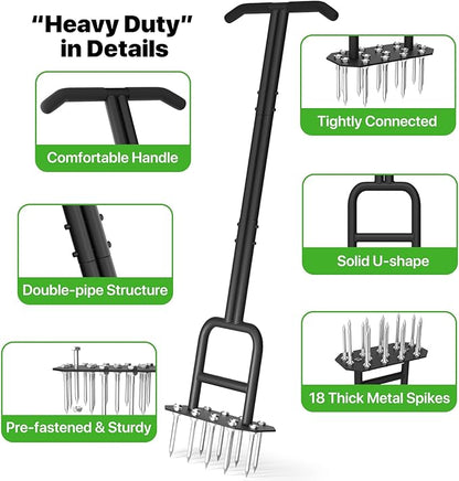 Lawn Aerator Spike Aeration Tool, Manual Air Aerator Tool for Lawn with Iron 18 Spikes, 38.8 Inch Hand Aerator for Grass, Yard, Heavy Duty Lawn Aerating Tool with Double-Pipe Handle, T-Grip, Black