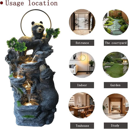 38.2" H Bear Outdoor Fountain with LED Lights and Five Tiered Waterfall Water Features,Suitable for Courtyard,Gardenand Indoor Decoration